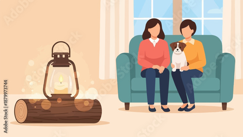 Cozy indoor scene with two people and a dog on a sofa, lamp on log