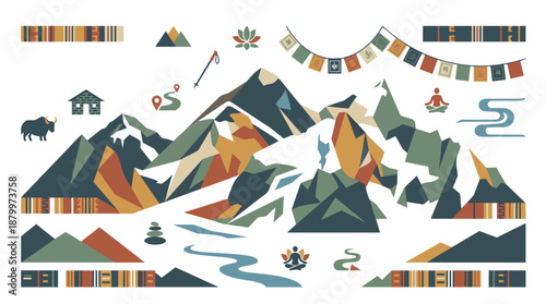 Serene mountain landscape with yoga, prayer flags, and nature elements