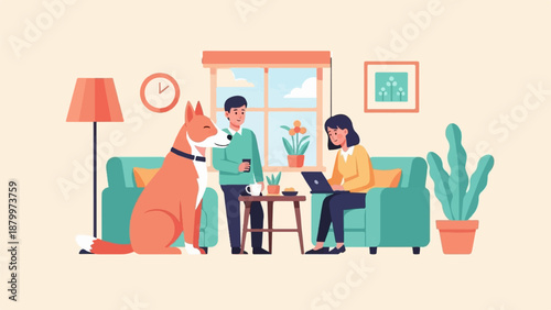 Couple and dog in cozy living room, one working on laptop