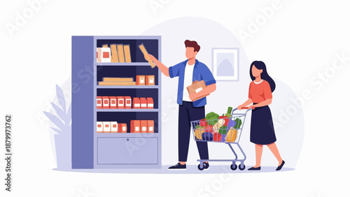 Couple shops for groceries, selecting items from shelves and filling cart