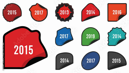 Collection of colorful, irregularly shaped labels and stickers featuring years