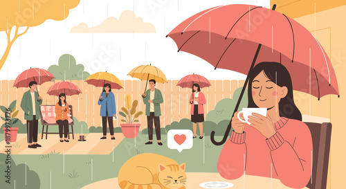 Woman holding pink umbrella and coffee.