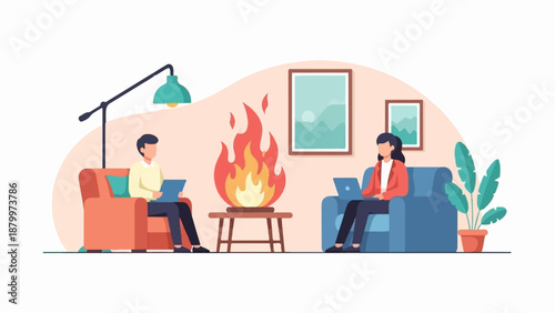 Cozy indoor scene with two people relaxing by a fire