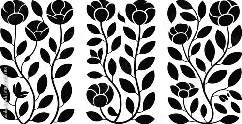 Varied black botanical patterns showing elegant stylized flowers with detailed leaves and graceful stems