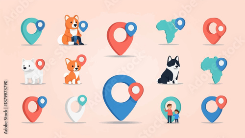 Collection of colorful map pins with dogs, people, and continent outlines