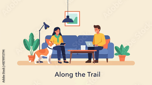 Couple and dog on couch with laptops and plants, serene home setting