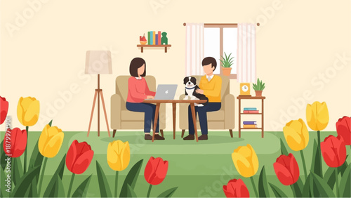 Couple and dog relax indoors amidst colorful spring tulips