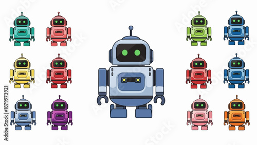 Collection of colorful, retro-style pixel art robots with green eyes