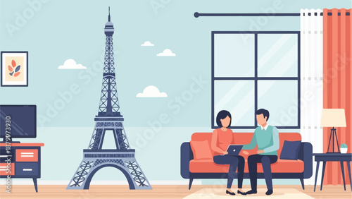 Couple relax on couch in living room with Eiffel Tower replica