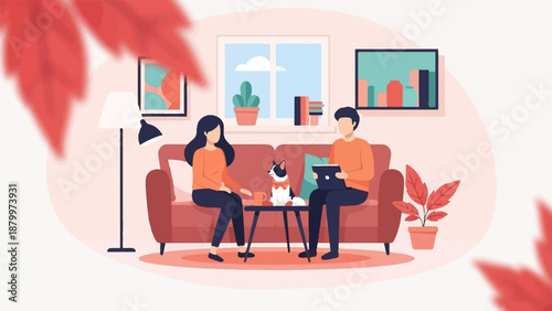 Couple and dog relax on a couch, enjoying a tablet and coffee