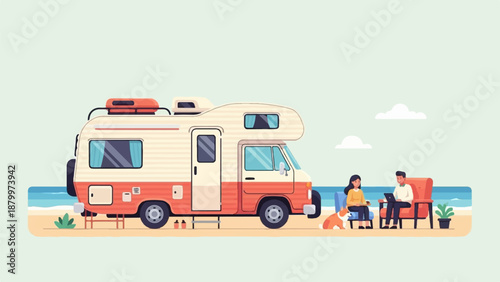 Couple and dog relaxing by a camper van at the beach