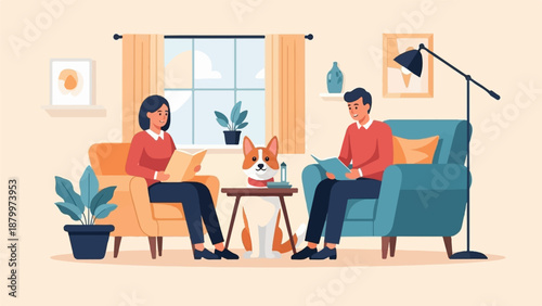 Couple and dog relax reading books in cozy living room