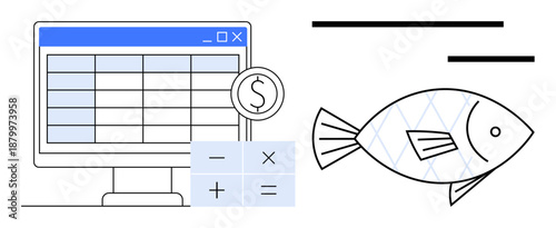 Financial tools, data visualization, creative design, cost analysis, economic planning, abstract art. A monitor with a spreadsheet, a calculator and a fish drawing. Financial tools and creative