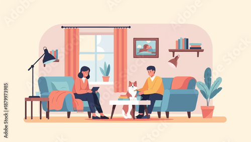 Couple and dog relaxing in a cozy living room with plants and books