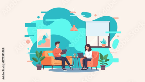 Couple working remotely from home on laptops while relaxing on couches