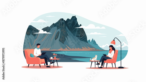 Couple relax with pets and laptops by tranquil mountains and sea