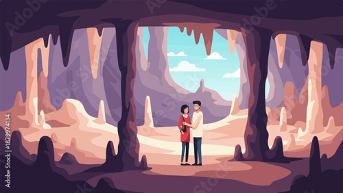 Couple explores a vast cave with stalactites, stalagmites, and a distant sky view
