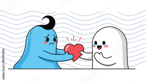 A sad blue creature gives a red heart to a happy white ghost, symbolizing kindness, empathy, and sharing love with others.