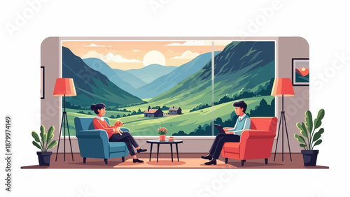 Couple relaxes indoors with pet, enjoying scenic mountain vista