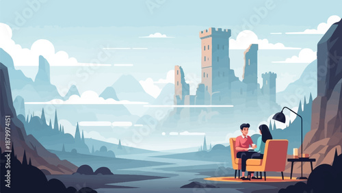 Couple sits indoors enjoying a conversation with a castle ruin backdrop
