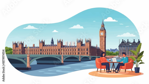 Couple enjoys coffee and laptops with iconic London skyline backdrop