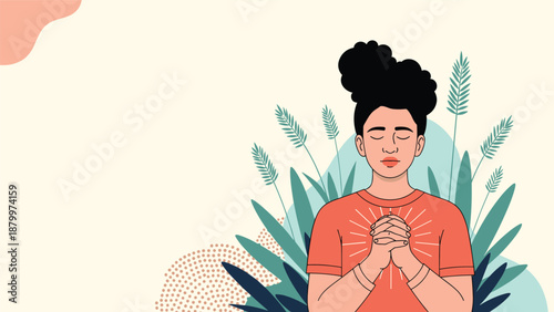 A serene black woman with her eyes closed and hands clasped in gratitude or prayer, surrounded by peaceful botanical elements.
