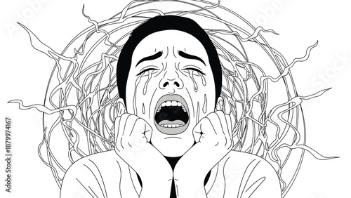 Intense black and white line art illustration of a person screaming in terror or agony, overwhelmed by chaotic, tangled lines.