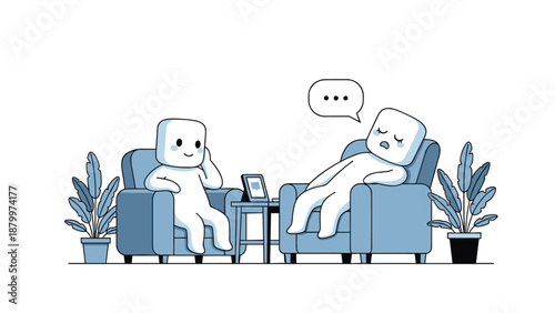 Illustration of a therapy session with a sad character lying on a couch talking to a calm therapist in a cozy room.