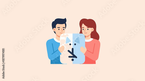 Couple holding a fragmented cartoon dog image