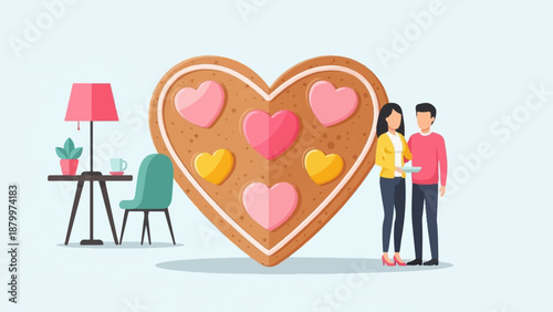 Couple holding tray before giant heart-shaped cookie in room