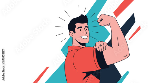 A confident and happy young man smiling while flexing his bicep muscle, showing strength, power, and good health.