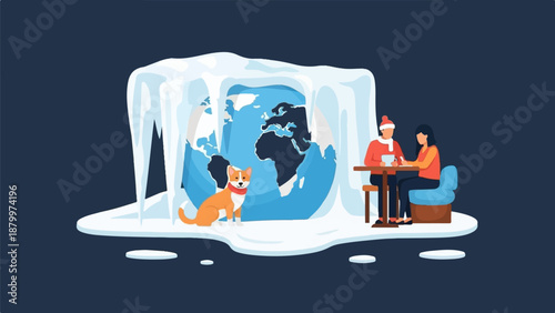 Couple and dog with globe encased in ice