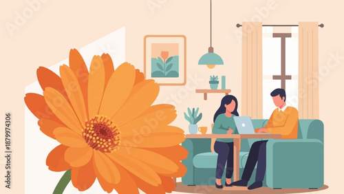 Couple works on laptop at home with large orange flower