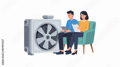 Couple sitting on armchair with tablet, near an air conditioner