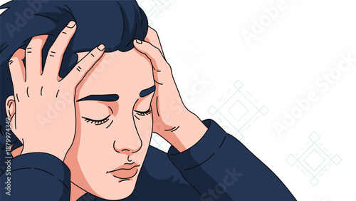 Stressed person holding their head in their hands with closed eyes, an illustration depicting a headache, frustration, or mental exhaustion.