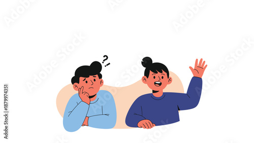 Two people having a discussion, one is confused and thinking while the other happily raises a hand to provide the answer or solution.