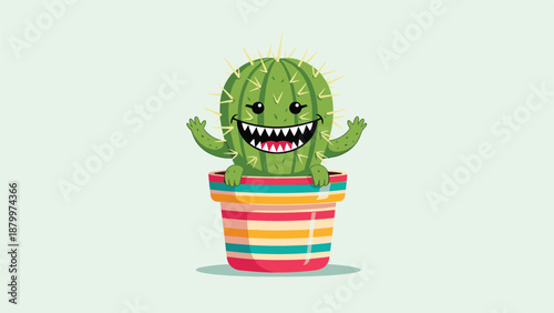 Funny cartoon cactus monster with sharp teeth and a wide smile in a colorful striped pot, a cute and quirky character illustration.