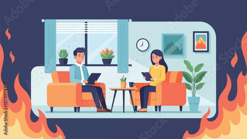 Couple in a living room with flames encroaching from the sides