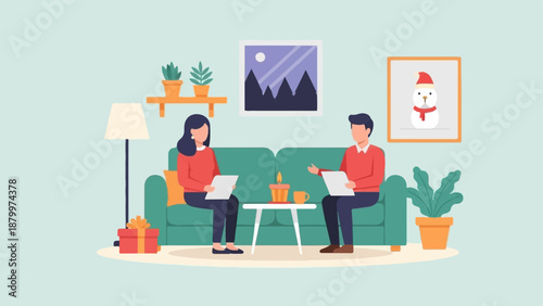 Couple in a living room with festive decor and plants