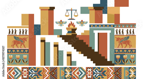 Vibrant ancient Persian temple architecture with symbolic motifs