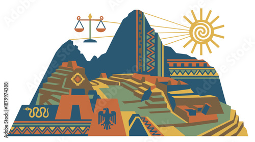 Vibrant Inca ruins with sun and scales of justice in Andes mountains