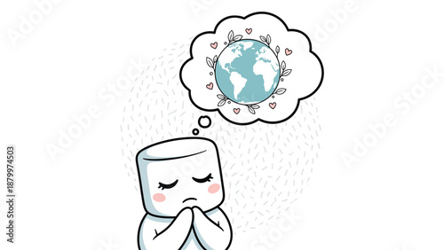 Cute marshmallow character praying or wishing for the planet Earth, which is in a thought bubble decorated with hearts and leaves.