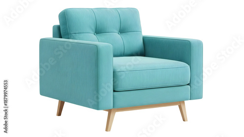 Teal armchair isolated on transparent background with wooden legs