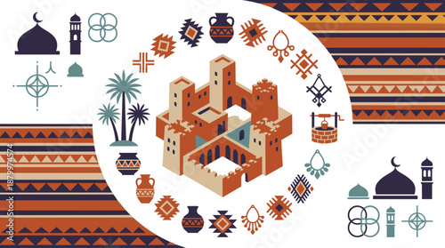 Vibrant cultural symbols and architecture in traditional Middle Eastern style