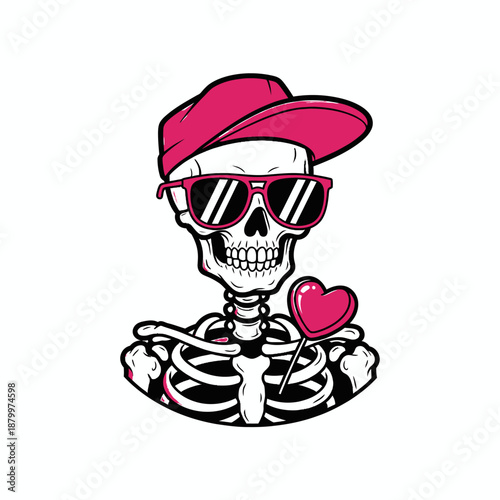 Stylish skeleton wearing pink accessories and cool attitude illustration