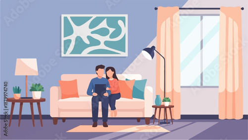 Couple sitting on sofa holding tablet, living room interior with window and lamp
