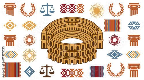 Roman Colosseum surrounded by colorful geometric patterns and symbols
