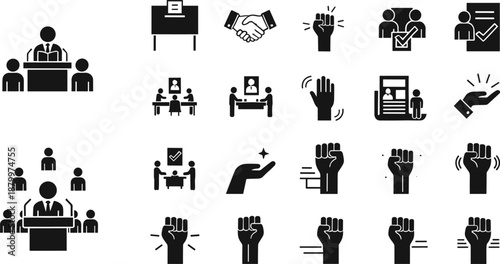 Collection of Election and Political Protest Icons Featuring Voting Ballets Handshakes Raised Fists Public Speaking and Democratic Process Symbols in Flat Black Vector.