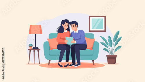 Couple sitting on sofa, reading a book together