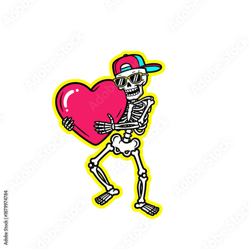Whimsical Skeleton Embracing a Bright Pink Heart with Playful Style